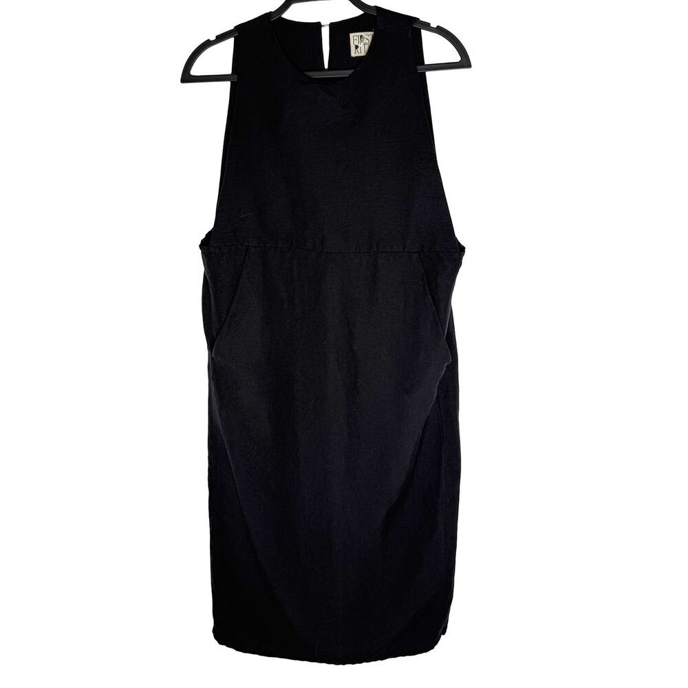 First Rite Women Linen Blend Black Apron Midi Dress Pockets Lightweight Pinafore